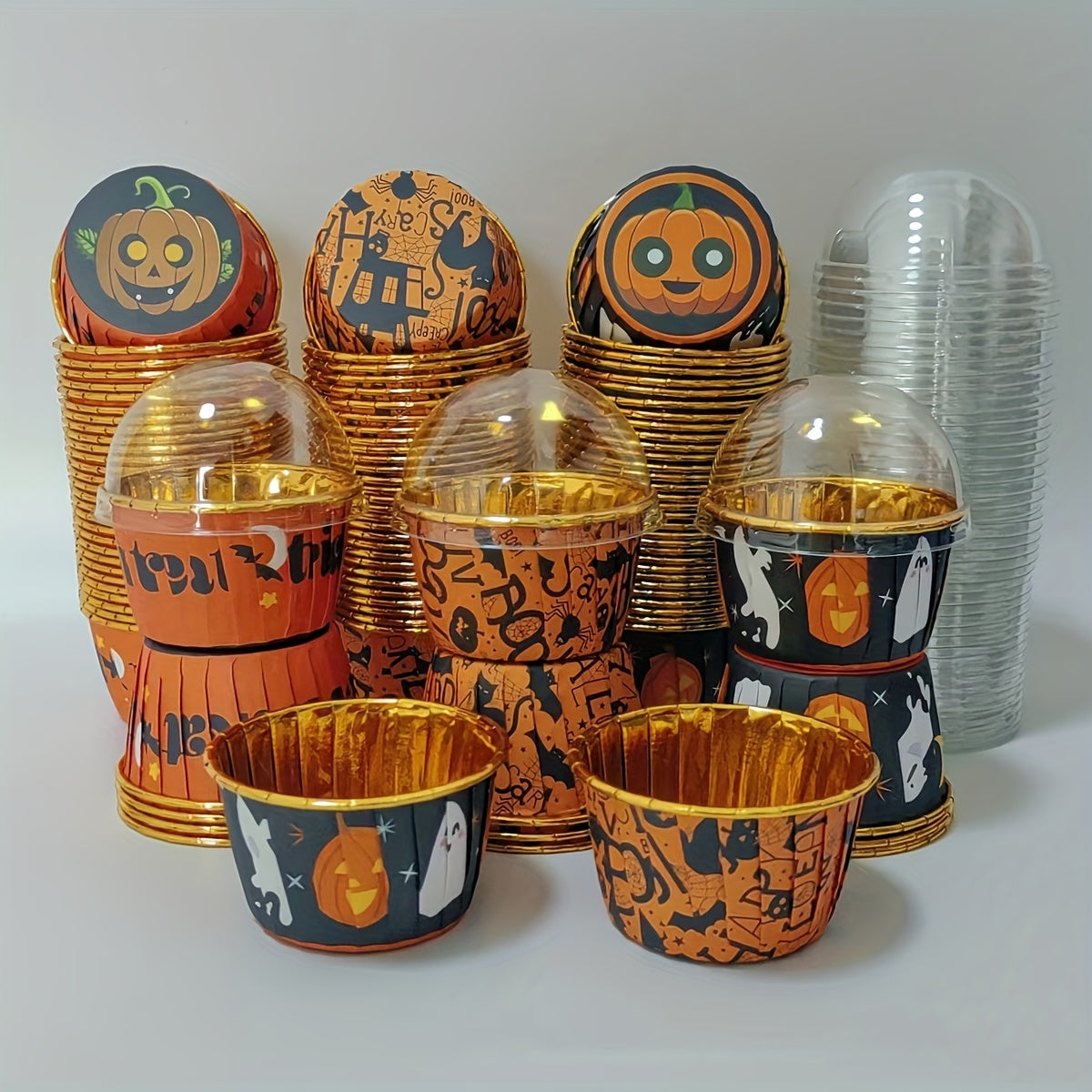 50pcs Halloween-Themed Disposable Cupcake Cups with Lids