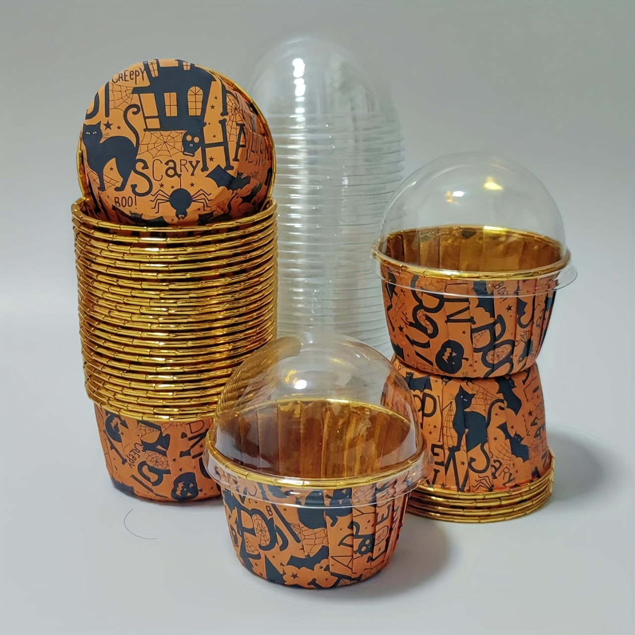 50pcs Halloween-Themed Disposable Cupcake Cups with Lids
