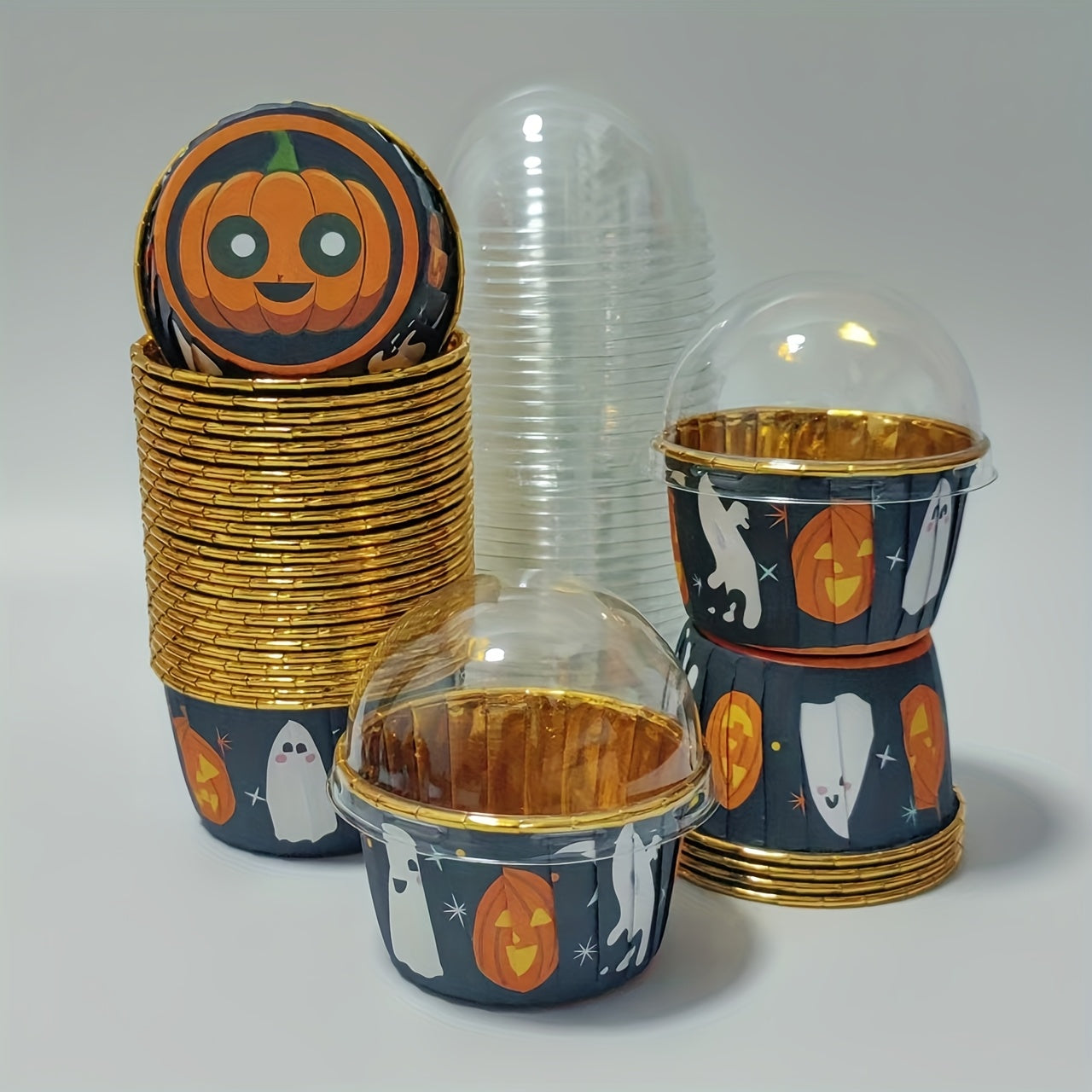 50pcs Halloween-Themed Disposable Cupcake Cups with Lids
