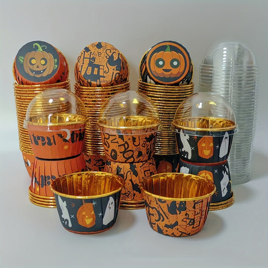 50pcs Halloween-Themed Disposable Cupcake Cups with Lids