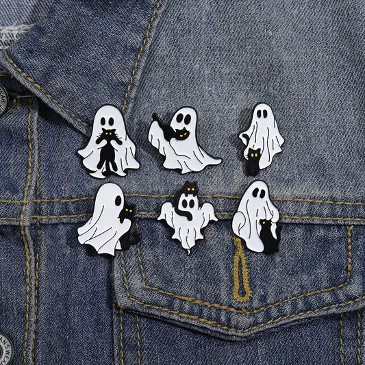 6pcs Black Cat And White Ghost Badge