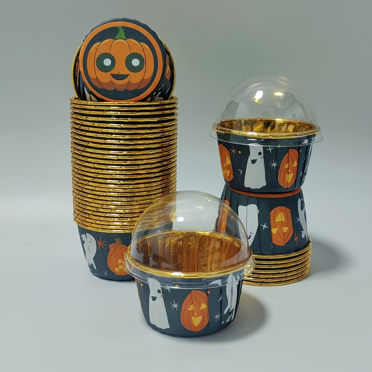 50pcs Halloween-Themed Disposable Cupcake Cups with Lids